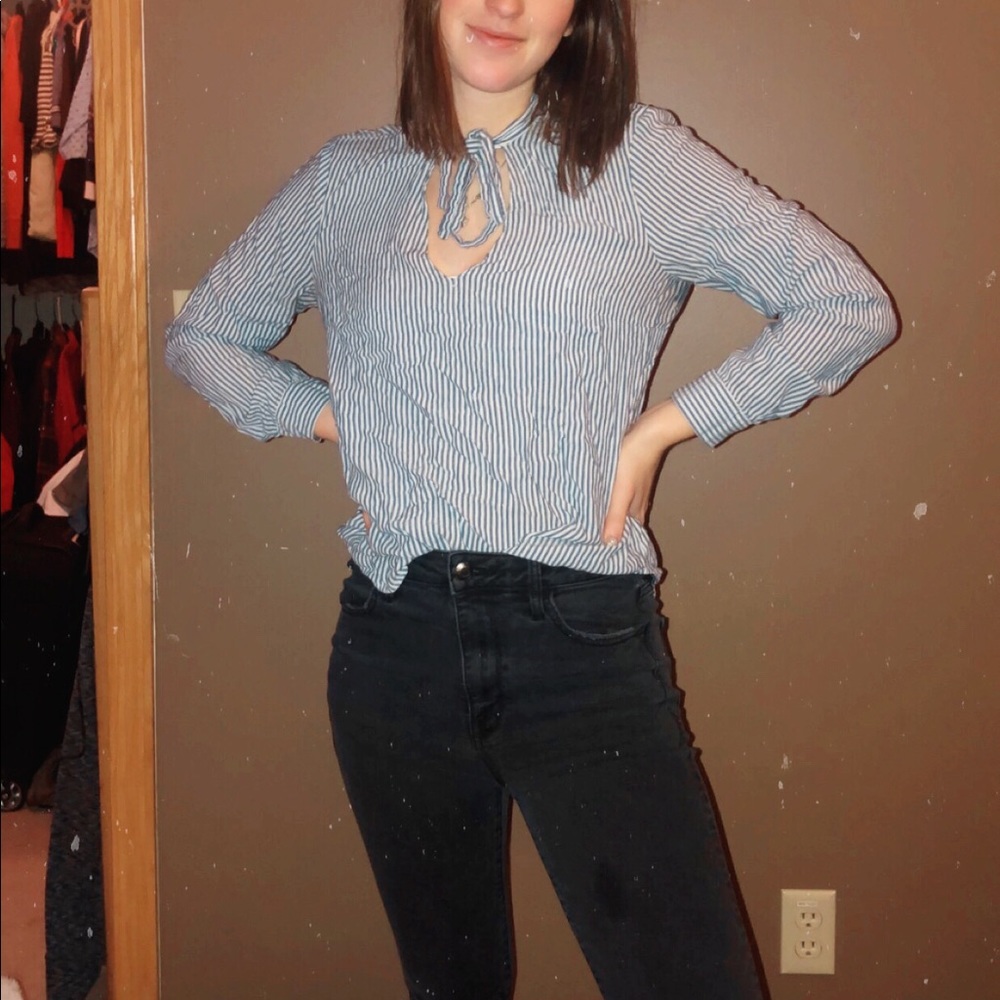 Blue and white striped blouse shirt